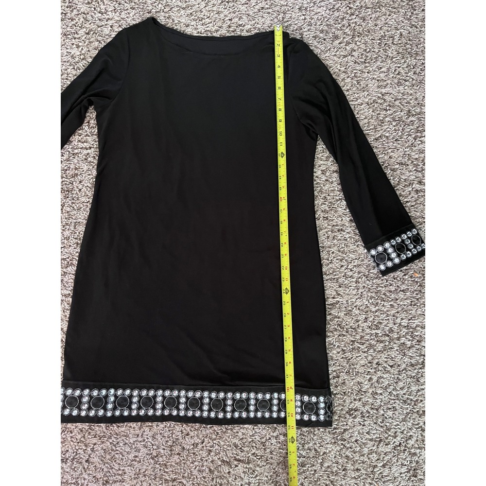 Black Rhinestone Embellished Long Sleeve Mini Shift Dress Go-Go Style Medium - Picture 3 of 6